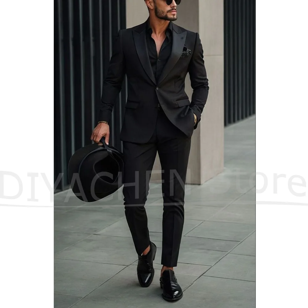 

Men Black Slim Fit Tuxedo Suit Set Single Breasted Satin Lapel Blazer Pants 2 Piece Formal Wear for Wedding Groom Prom Party