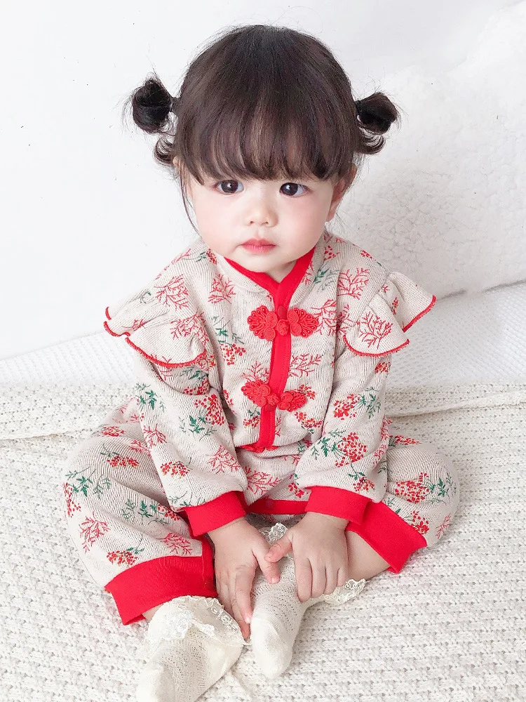 Chinese Traditional Jumpsuit For Girls Newborn Baby Hanfu Red Tang Suit Romper Chinese New Year Outfits Bebe Autumn and winter