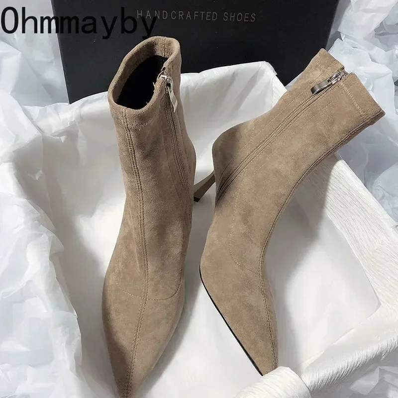 Autunno inverno Fleeces donna calzino stivali scarpe moda cerniere scarpe Chelsea signore Sexy stivali corti tacco alto sottile