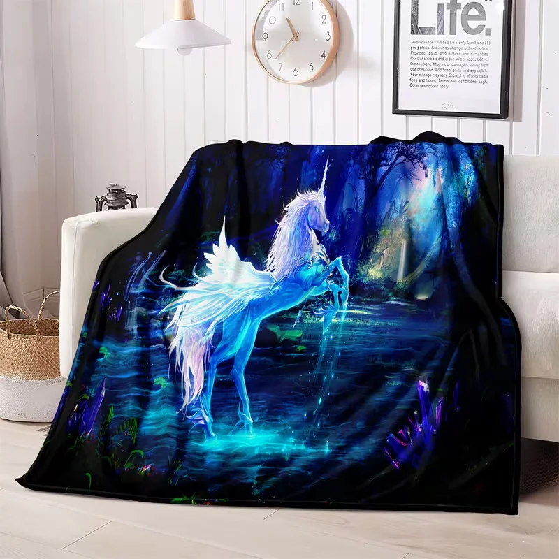 Fantasy Unicorn Blanket  Skin-friendly Warmth, Blue Glowing Unicorn in Forest Scene, Ideal for Tale Home Cover, Bedroom Decor