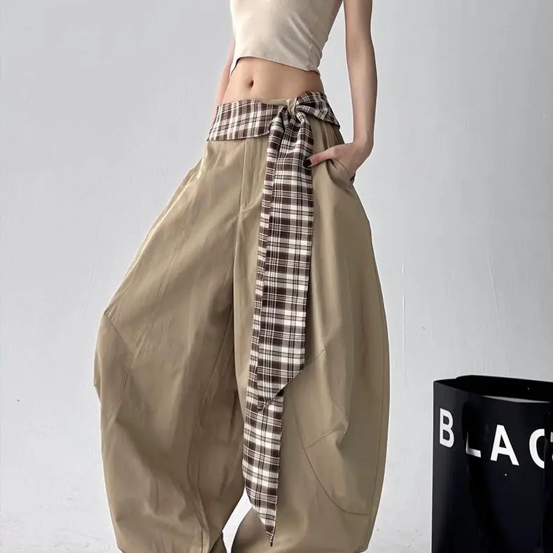 Slack scimitar wide-leg pants women's 2025 summer design plaid belt loose versatile drape casual trousers