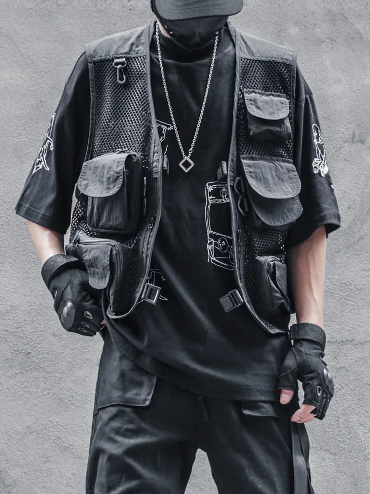 Youth Tactical Mesh Vest Unisex Heavy Duty Functional Workwear Multi Pocket Military Style Breathable Summer Short Sleeve