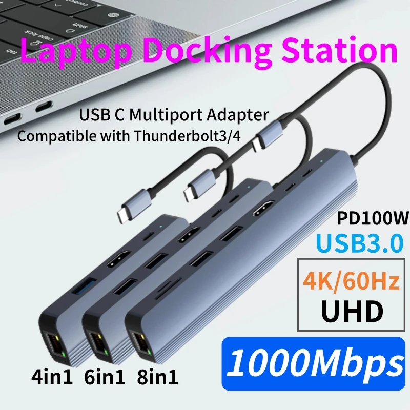 

USB C Docking Station Hub for Macbook Pro/Air Thunderbolt3/4 to 4K@60Hz HDMI-compatible, Gigabit Ethernet, 100W PD, USB 3.0 OTG