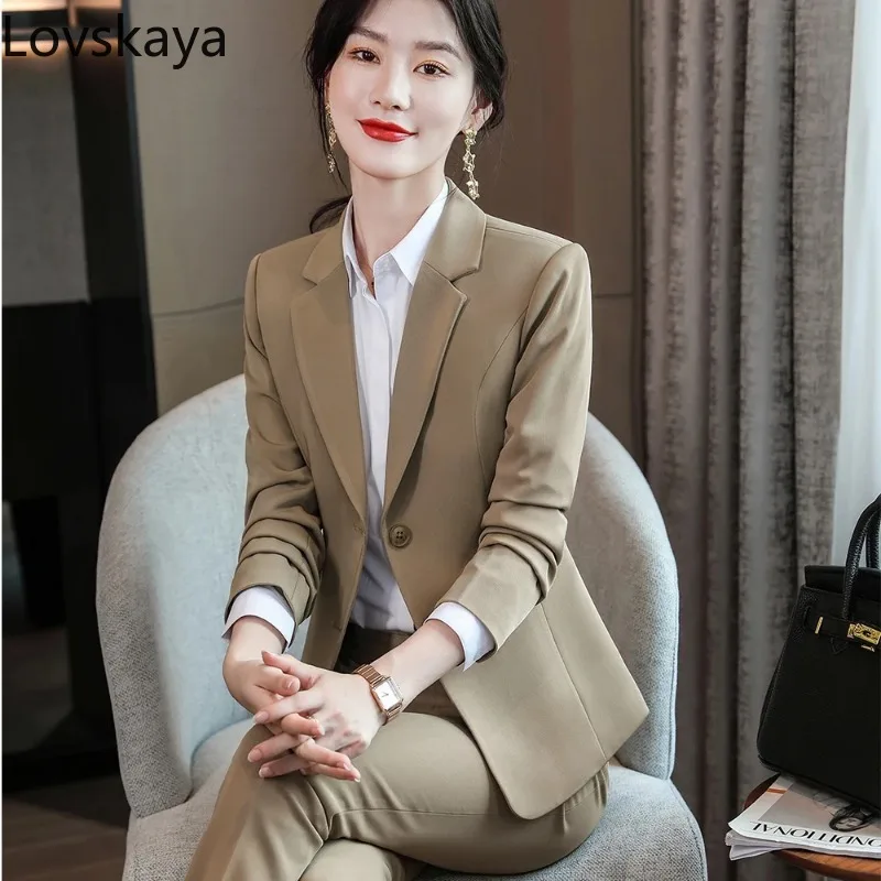 Classic Office Formal Pant Suit For Work Female Long Sleeve Blue Black Solid Two Piece Set Blazer and Trouser