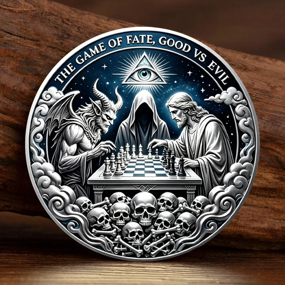 Good Vs Evil Game of Fate Silvery Plated Souvenir Coin All Seeing Eye Skull Chess Divine Gothic Satan Jesus Collectible Coin
