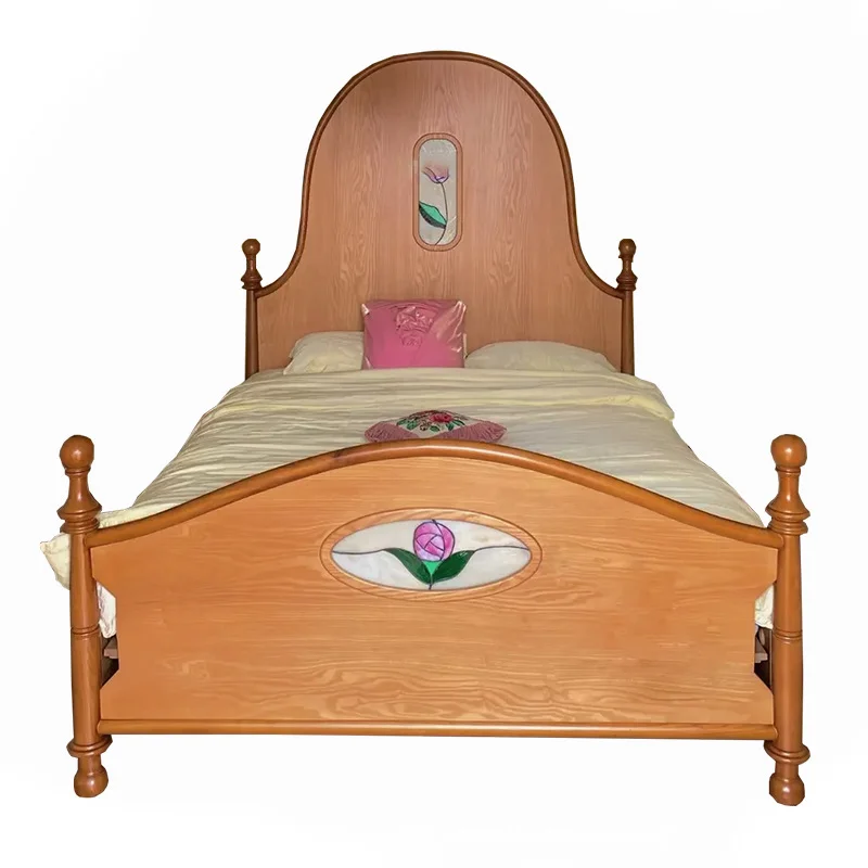 

Double bed 1.8 meters high backrest French, retro solid wood bed, master 1.5 bedroom wedding bed