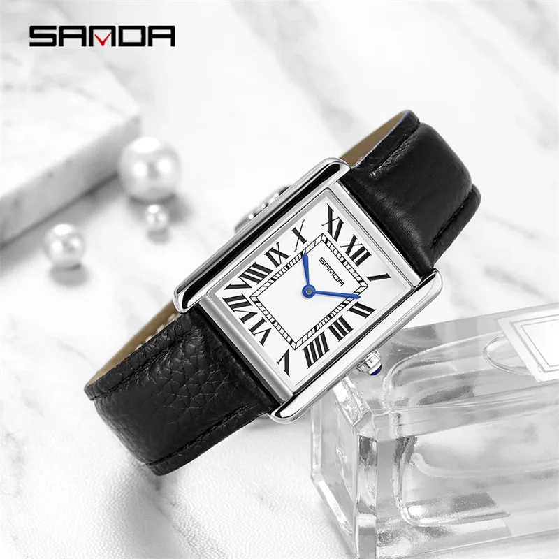 SANDA Ladies Rectangular Watch Silver Shell Ladies Watch Luxury brand Business Belt Quartz Ladies Charm wedding party gift