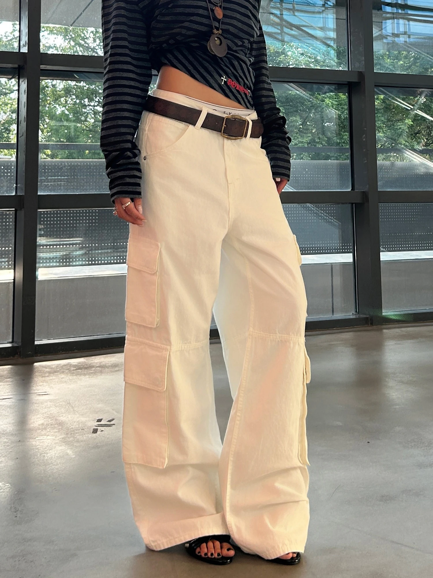 

American Retro White Multi-ket Jeans Loose Straight Wide Leg Casual Long Trousers High Waist Zipper Cotton Color