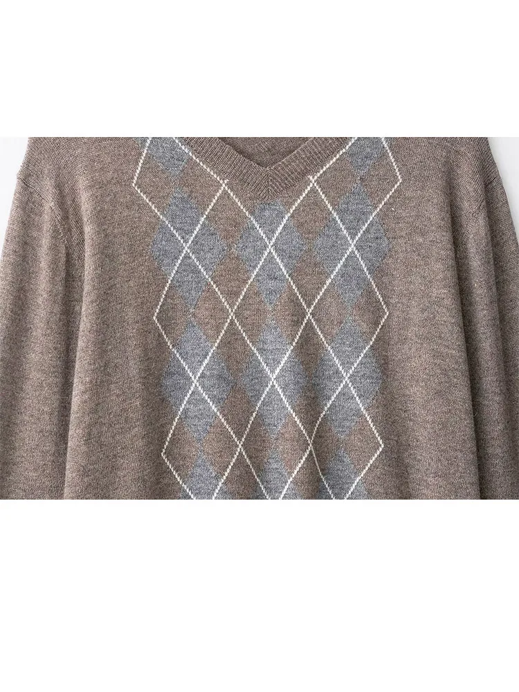 Hh feminino 2025 inverno elegante lã misturada argyle camisola de malha moda feminina versátil com decote em v manga longa pulôver quente topo