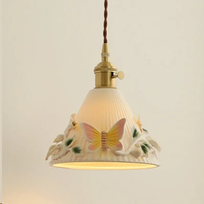 Retro French Style Ceramic Butterfly Chandelier All Copper Small Pendant Light for Bedroom Bedside Living Room Entrance Aisle