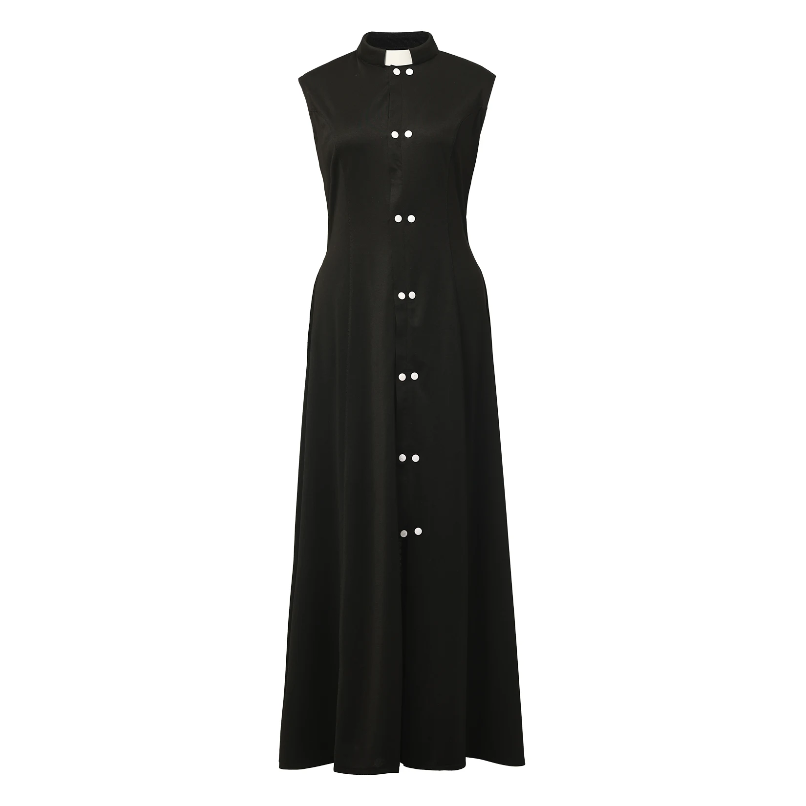 Women Clergy Dress Elegant Black A-Line Maxi Sleeveless Dress with Double-Breasted Buttons Stand Collar Church Costume
