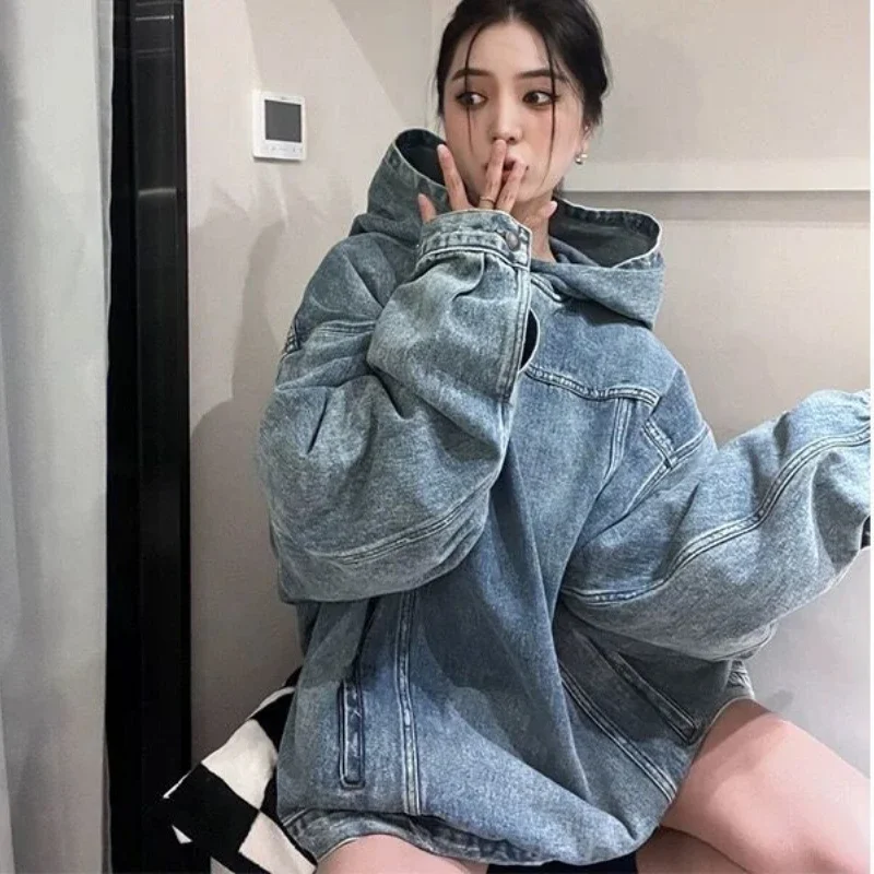 

Tide Vintage Denim Hooded Sweatshirt Women Harajuku Y2k Streetwear Pullover Hip-hop Casual Loose Long Sleeve Jacket Tops