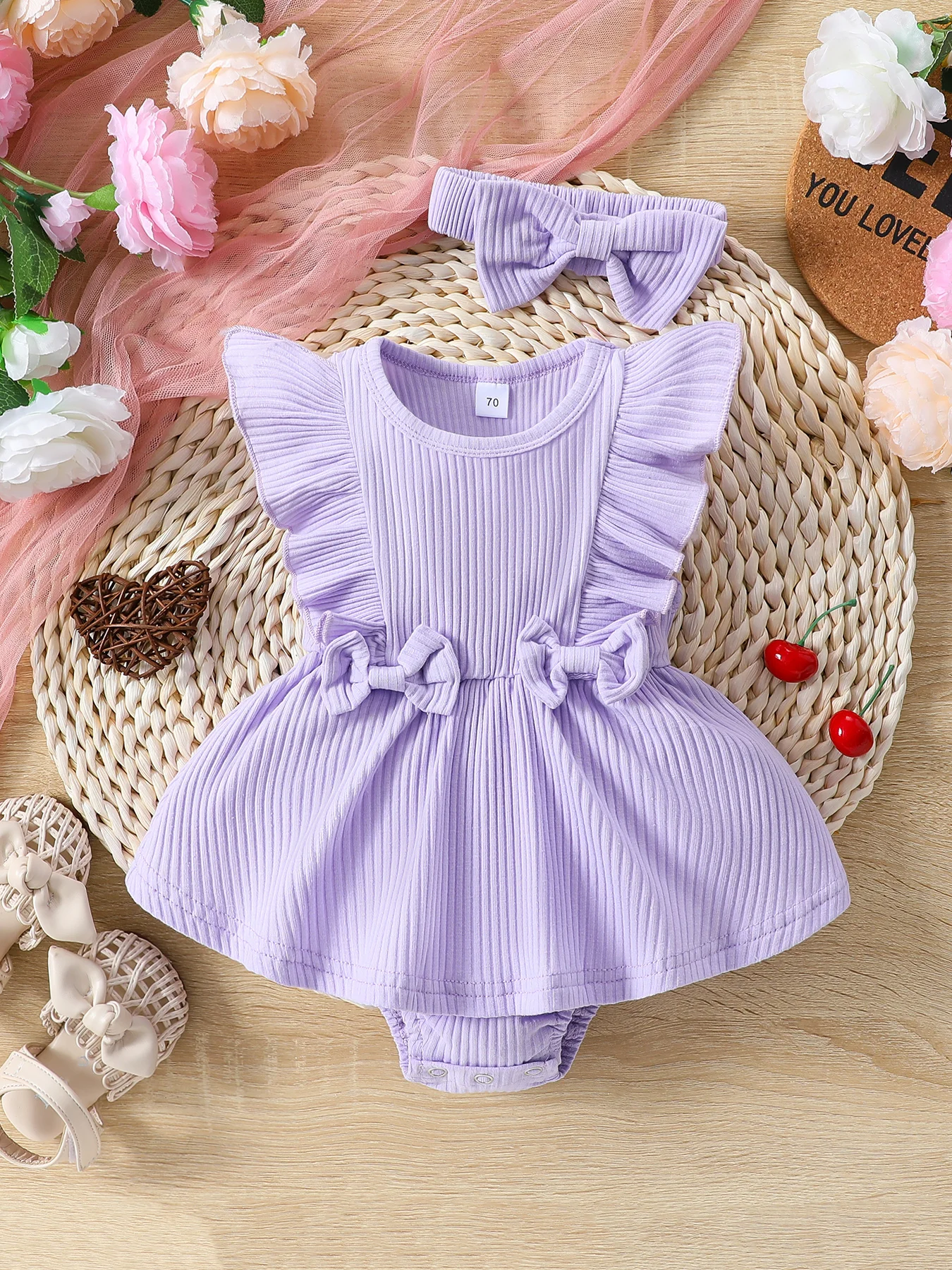 Listenwind Baby Girl Summer 2Pcs Outfit Solid Ribbed Ruffled Sleeveless Bow Romper Dress with Headband For 0-18 Months