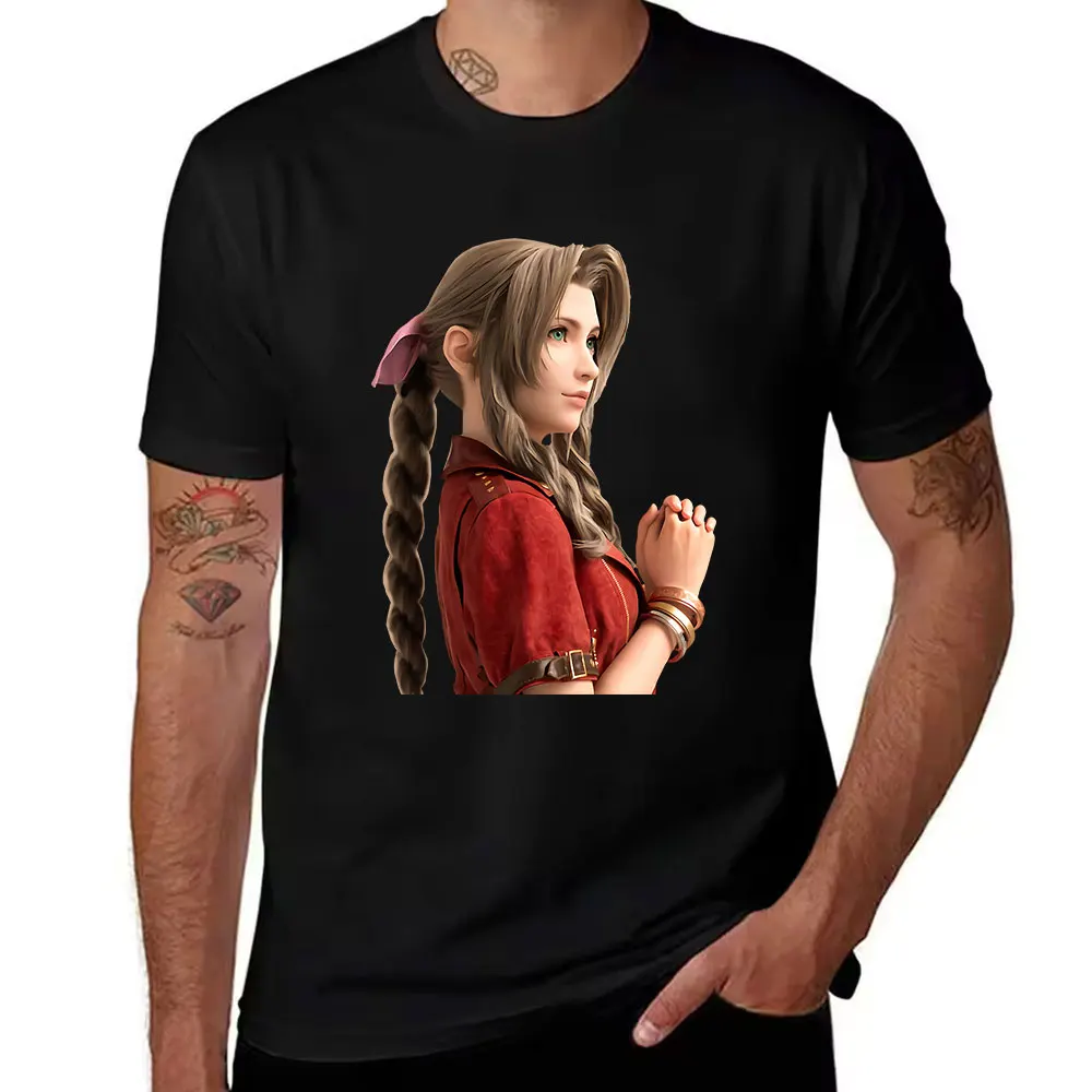 Men's Cotton Short Sleeve T-Shirt with Final Fantasy Aerith Gainsborough Print, Casual Summer Tee for Game Fans