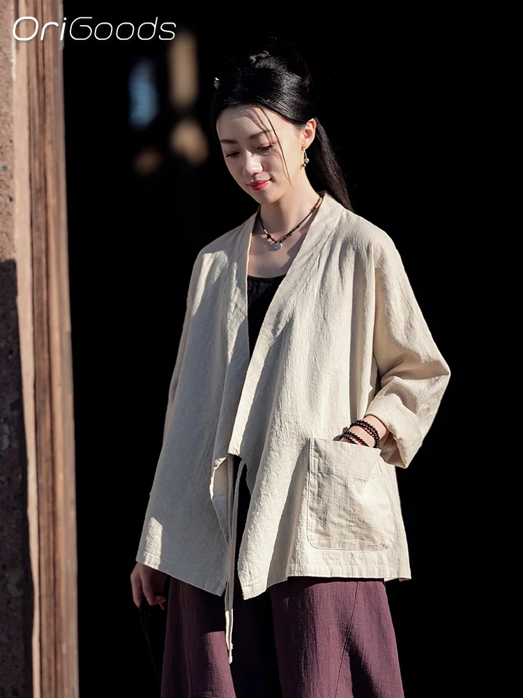 OriGoods Kimono Shirt Women Ramie Cotton Long Sleeve Kimono Cover Up Summer 2024 New Japanese Style Loose Tops Woman C051