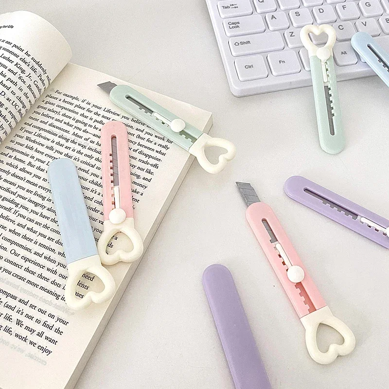 Kawaii Love Heart Utility Knife Paper Cutter Pocket Knife Safety Box Cutter Envelope Opener Refillable Blade Korean Stationery