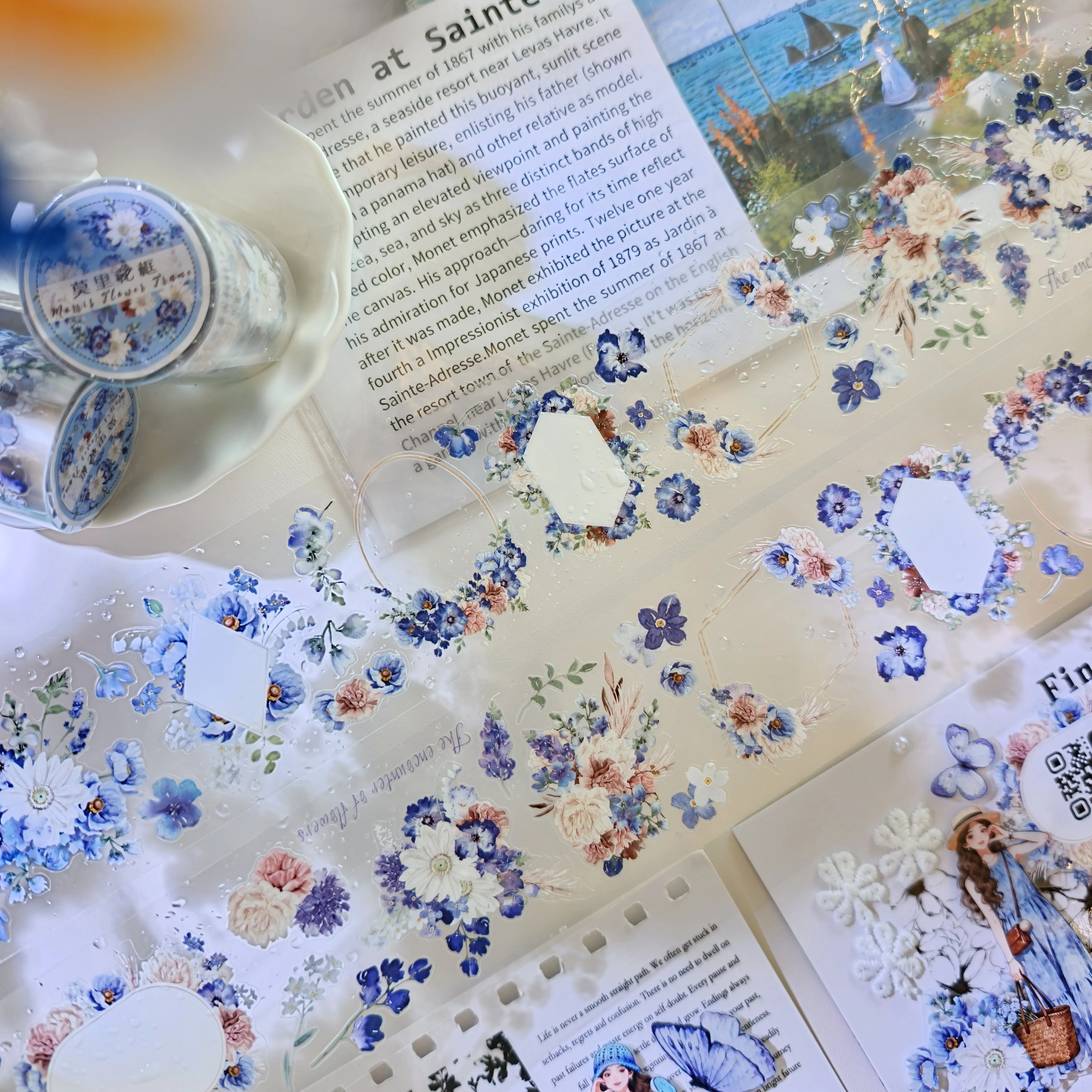 PET Die-Cut Sticker Tape Mori Flower Frame Design Transparent DIY Scrapbooking Decals for Journal