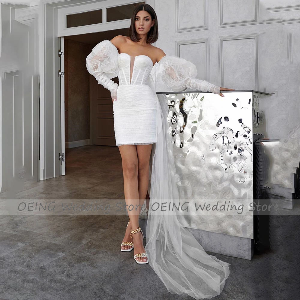 Sheath/Column Wedding Dress Mini Puff Sleeves Deep V Neck Sexy Wedding Gown for Women 2023 Bride Watteau Train Short Bridal Gown