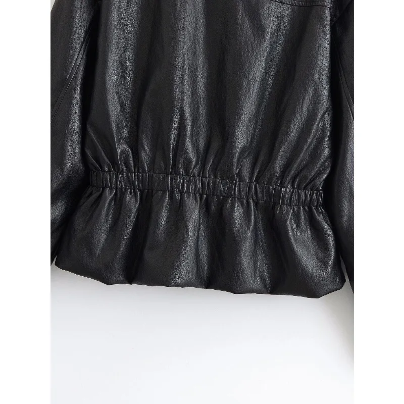 Guobioziy New Women's Classic Commuter Style Versatile High End Two Tone PU Leather Short Jacket Zipper Closure Polyester Fiber