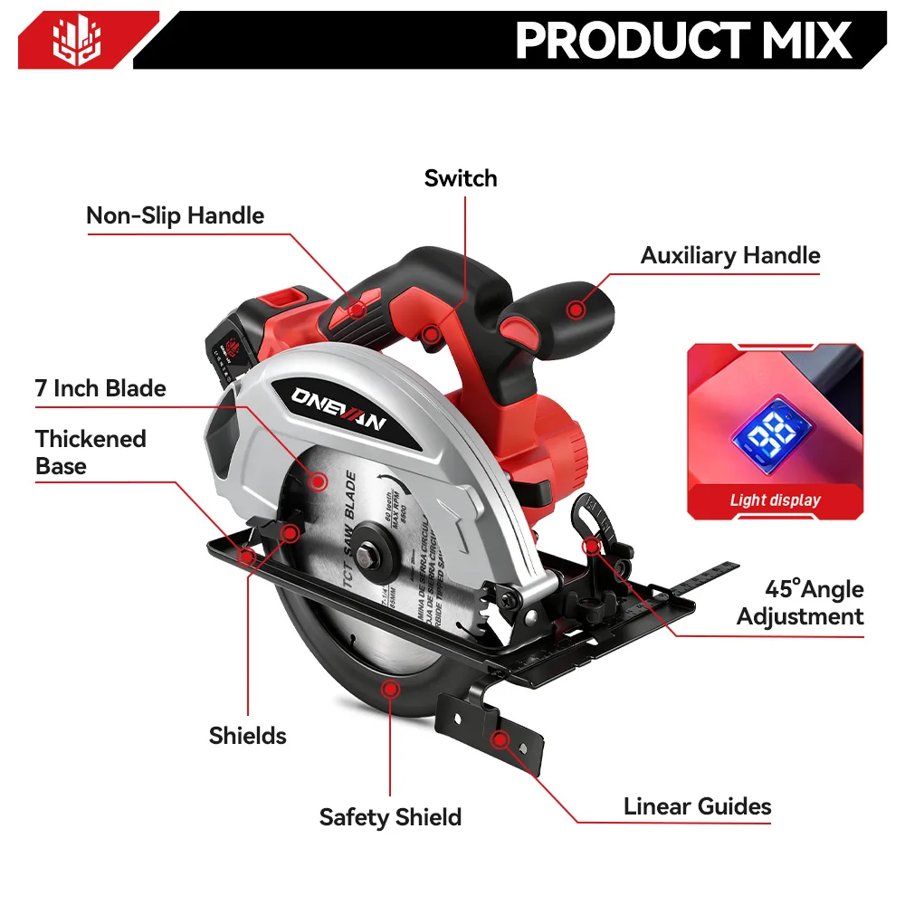 ONEVAN 7Inch 185mm Brushless Electric Circular Saw 11000RPM LED Cordless Efficient Woodworking Cutter For Makita 18V Battery Pin