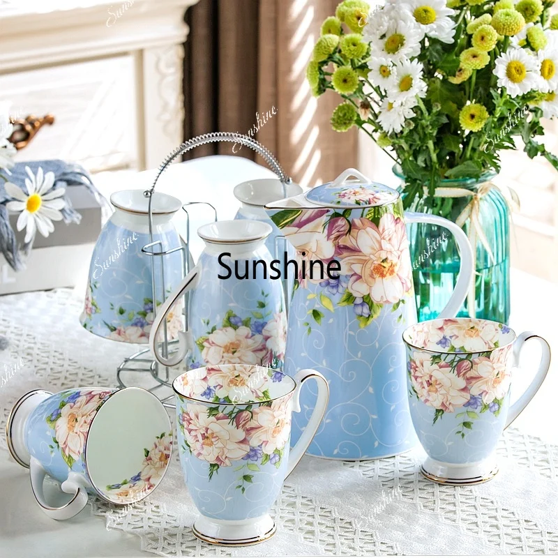 Juego de 8 piezas, juego de tetera y tazas de porcelana fina con soporte de acero, juego de tazas de café con diseño floral, juego de tazas de café termo.