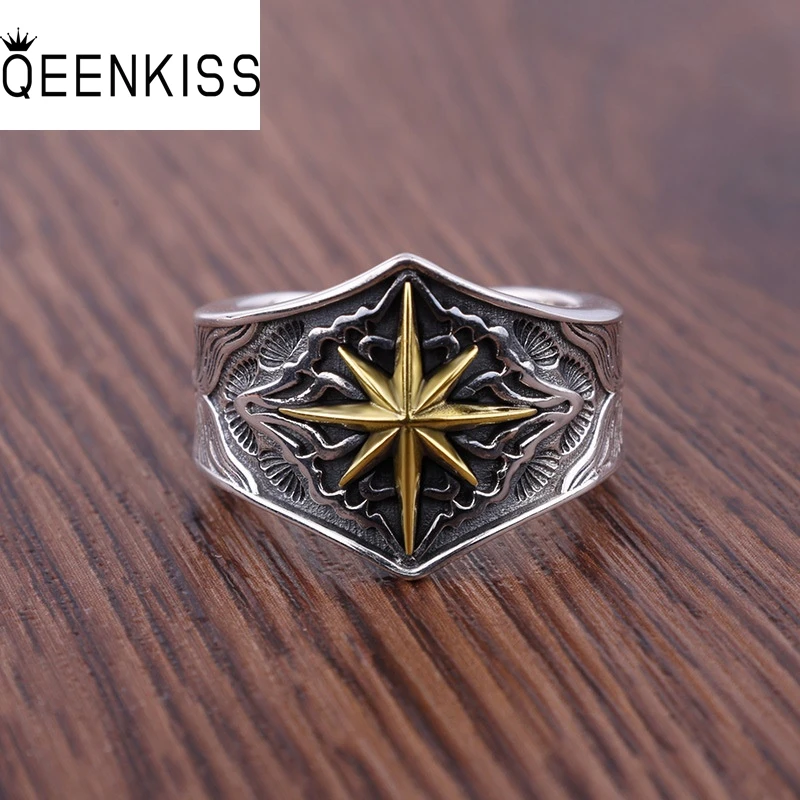 

QEENKISS 925 Sterling Silver Vintage Star Rings for Men Male Birthday Wedding Party Christmas Father Groom Boyfriend Gift RG7056