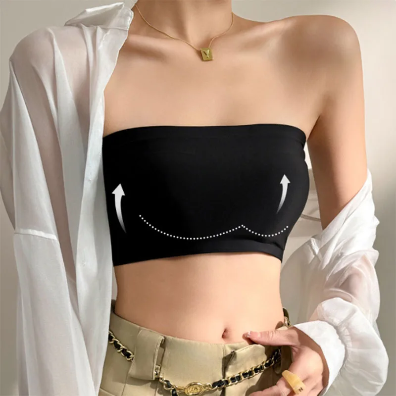 One Piece Sexy Tube Tops Women Strapless Removable Chest Cushion Push Up Bra Basic Black White Skin Ice Silk Thin Seamless Bra - view 4