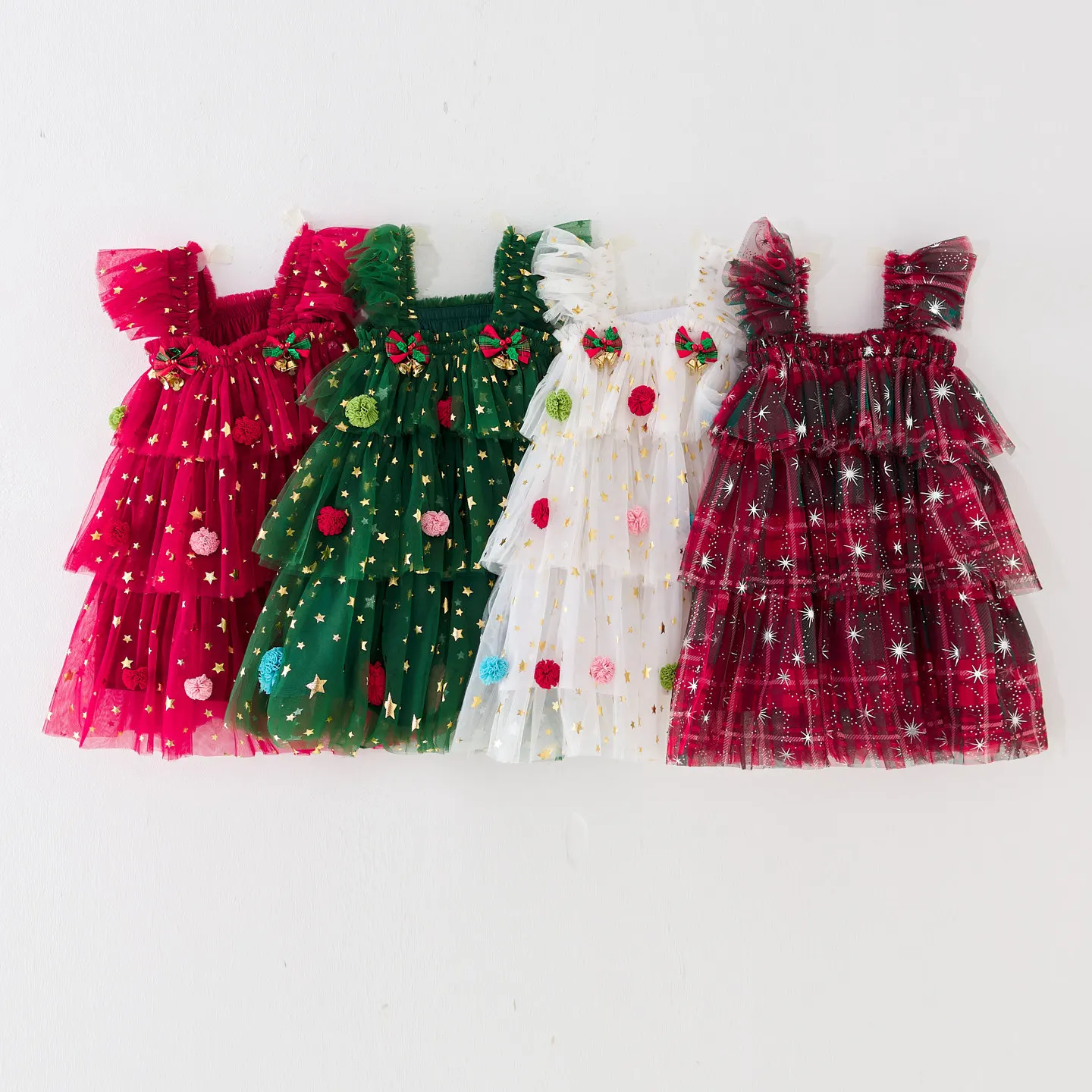 New Children's Dress with Flying Sleeves, Christmas Star Mesh Cake Skirt, Princess Fluffy Skirt, Festive Baby Suspender