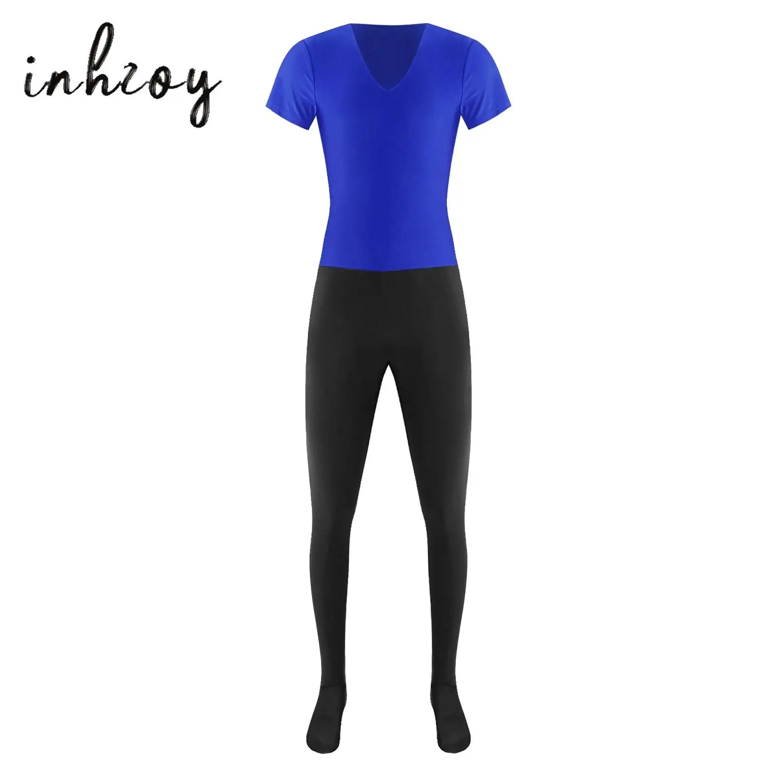 Mens Ballet Dance Unitard Jumpsuit V Neck Short Sleeve Leggings Long Pants Contrast Color One Piece Bodysuit Yoga Dance Costume