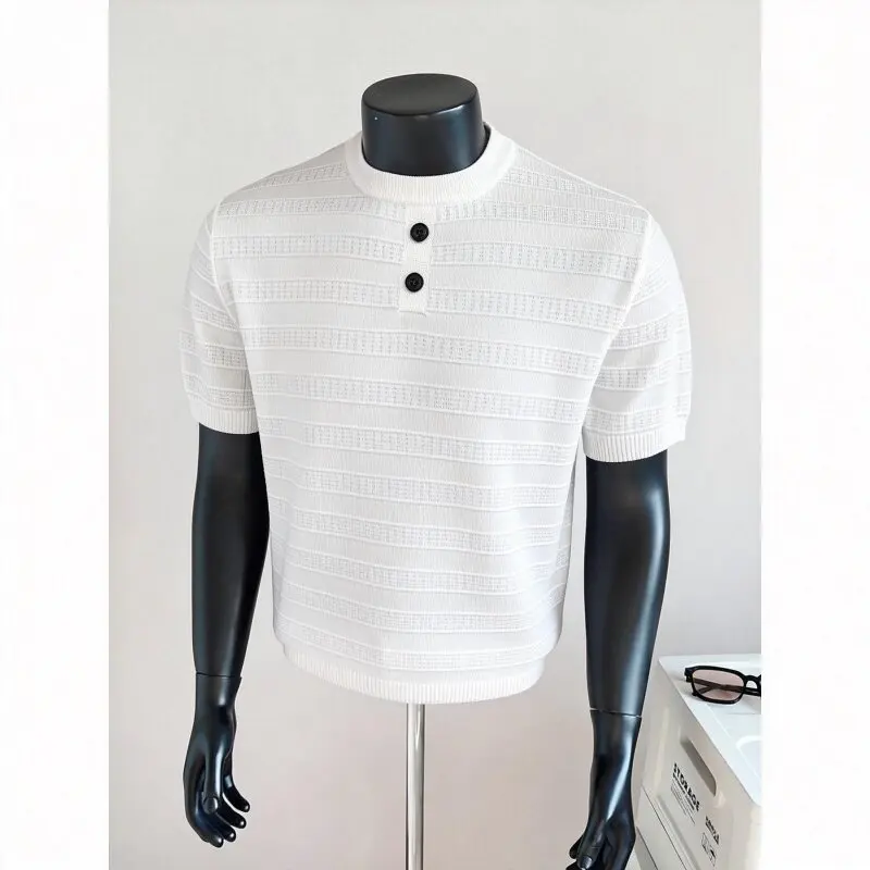2026 Summer Men's Round Neck Knitted T-shirt Men's Short Sleeved Casual Social Business Solid Color T-shirt Basic Base Shirt