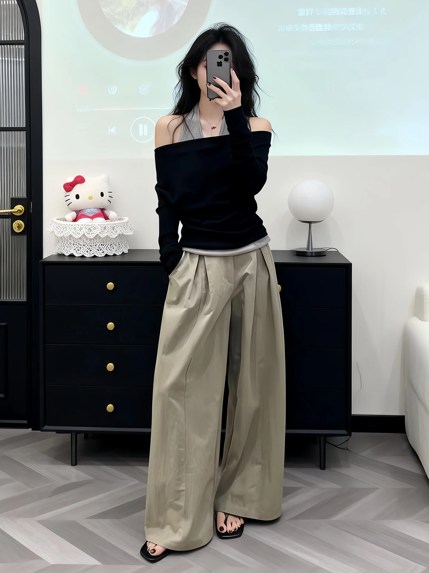 

Spring Autumn Pure Desire Style One Shoulder Sleeve T-Shirt Casual High Waist Pants Two Piece Set Fashionable Commute Wind
