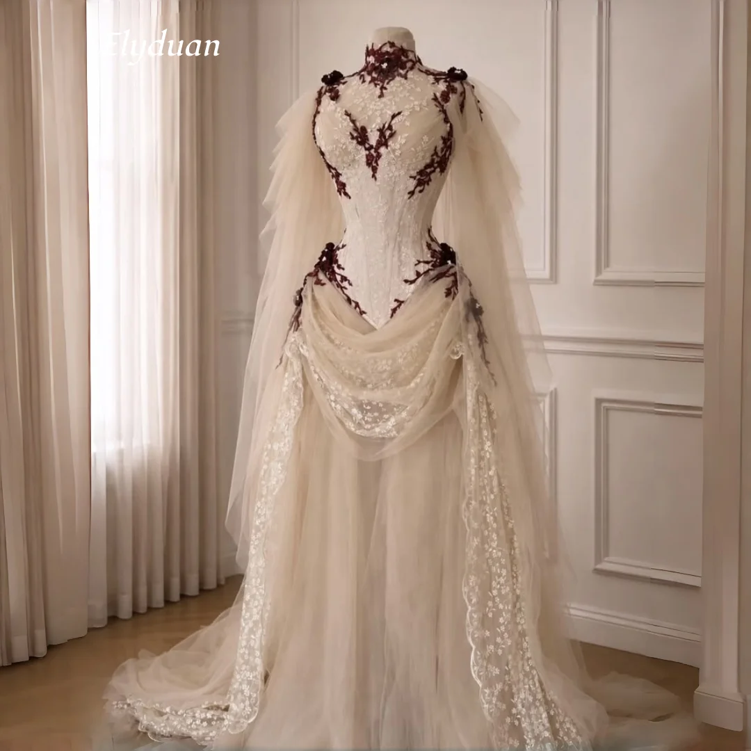 Vintage Victorian Corset Wedding Dress Burgundy Floral Lace Applique Tulle Cape Sleeve Period Cream Bridal Gown Customized