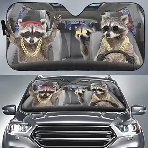 Raccoon with Necklace Sunshade for Car Windshield Hip Hop Style Car Windscreen Sun Shield Windscreen Sun Shield for Automobile C