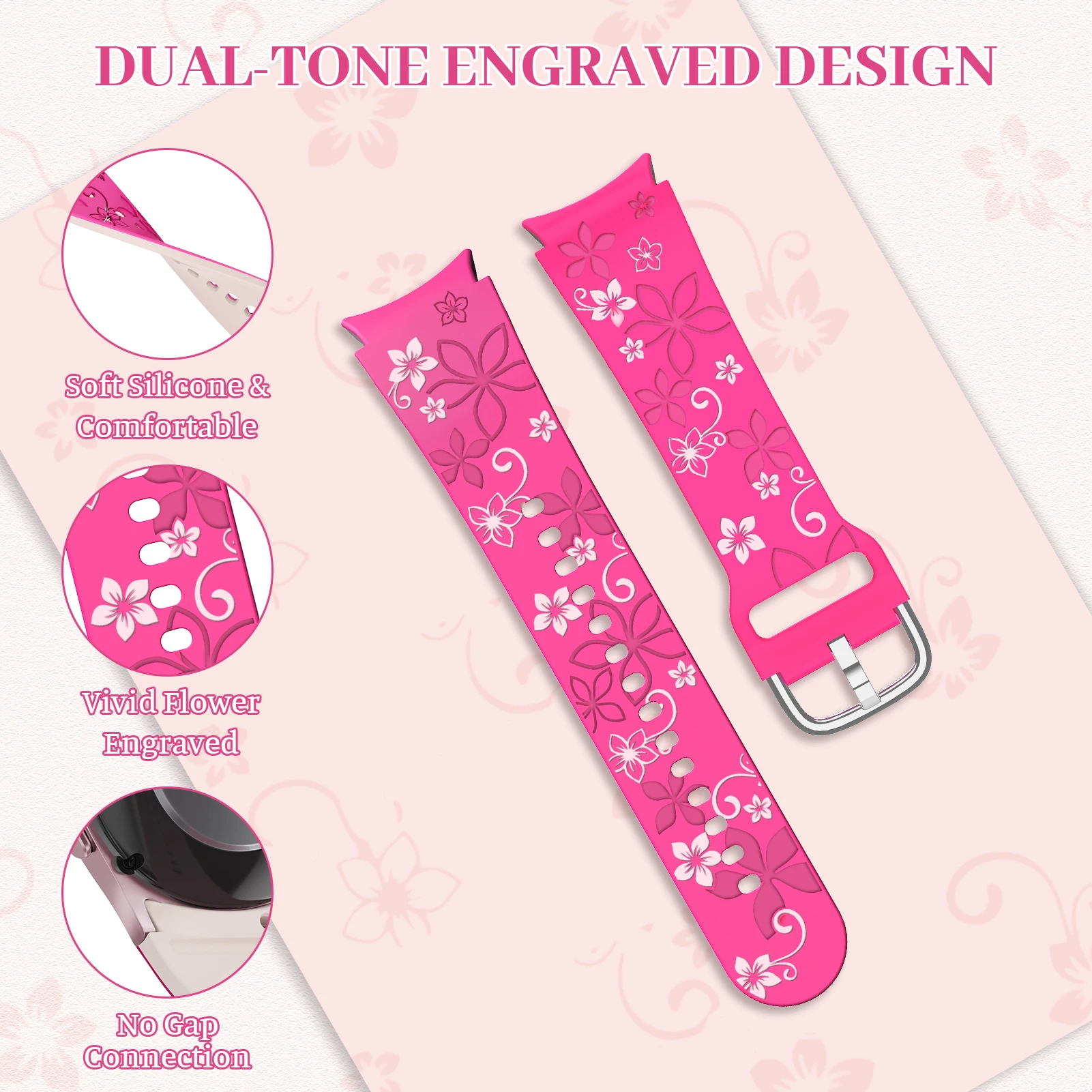 أشرطة سيليكون محفورة لساعة سامسونج جالاكسي 7 FE/6 4 كلاسيك/5 برو 45 بدون فجوات سوار رياضي جالاكسي ساعة 7 باند 44 ملم 40 ملم