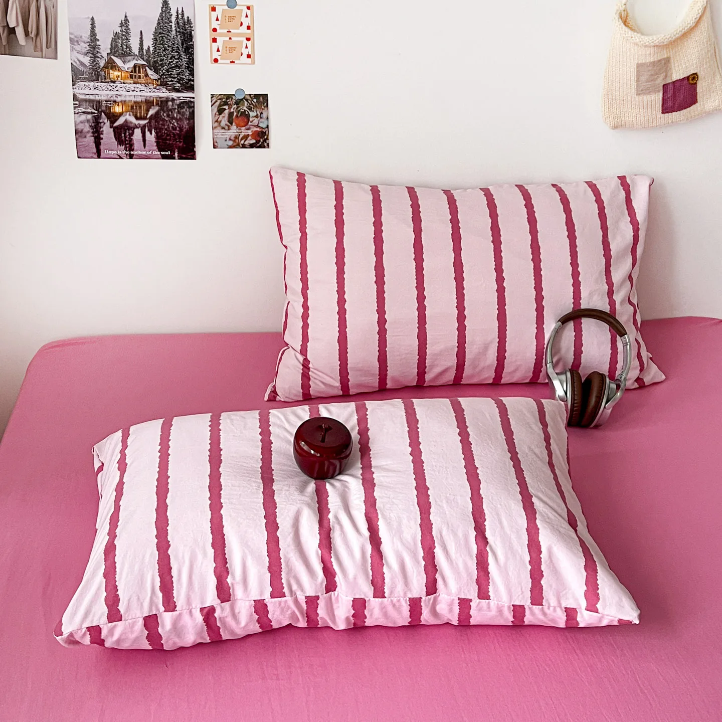 3-teiliges einfaches Bettbezug-Set mit rosa Streifen und 2 Kissenbezügen, weiches Bettwäsche-Set aus gewaschener Baumwolle für Mädchen, 150 x 200 cm, Schlafzimmerdekoration – Detail 4