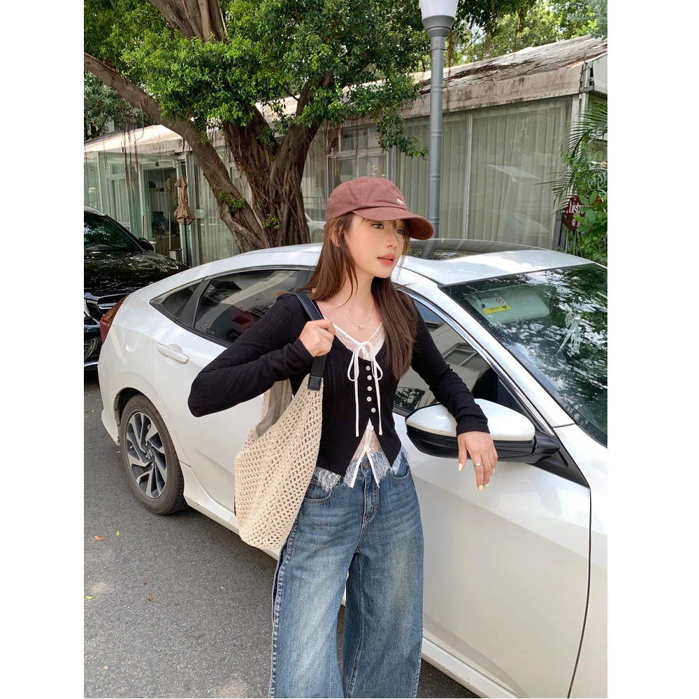 تي شيرت نسائي صيفي بأكمام طويلة من القطن بحاشية مجوفة وخفيفة الوزن سريعة الجفاف في الحرم الجامعي ملابس خروج أنيقة متعثرة حارة