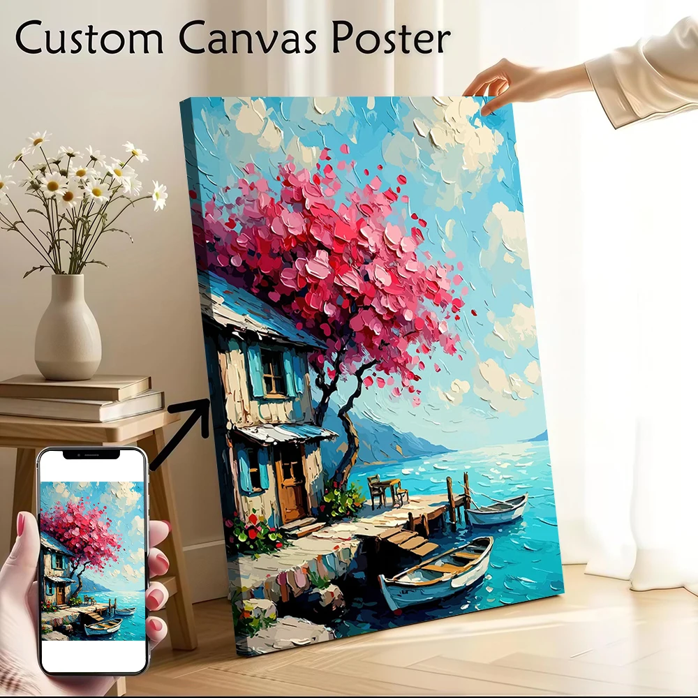 

Seaside Cottage With Cherry Blossoms Canvas Poster Pictures Wall Art Canvas Painting for Fans Decor Luxury Decoration Wand Deko
