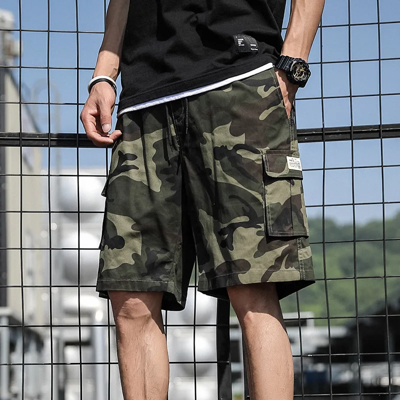 Men's Open-file Shorts Summer Camouflage Tooling Casual Beltless Teen Cotton Solid Color Micro-elastic Ordinary Mid-waist Spot
