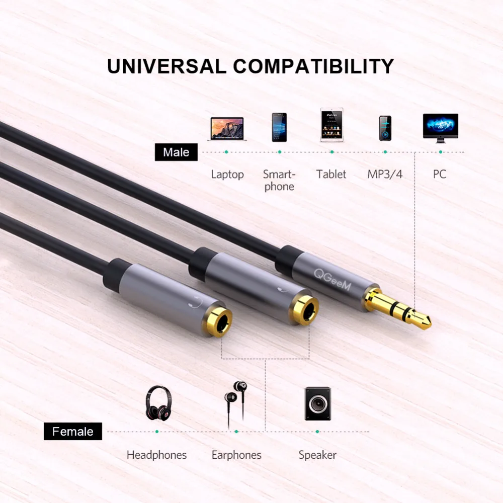 QGeeM Earphone Extension Cable Jack 3.5mm Audio Cable Male to 2 Female Aux cable Headphone Splitter for iPhone Samsung S9 PC P20