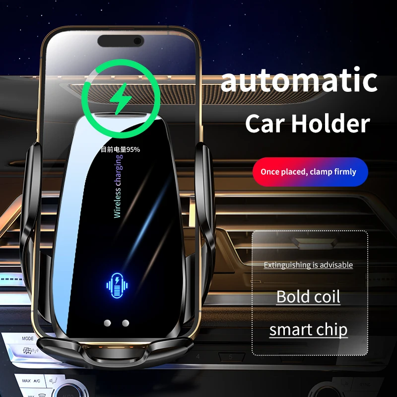 

Q96 15W Infrared Auto Clamp Wireless Car Charger – Built‑in Battery, 360° Rot, Low Temp for iPhone 12‑17 & Android
