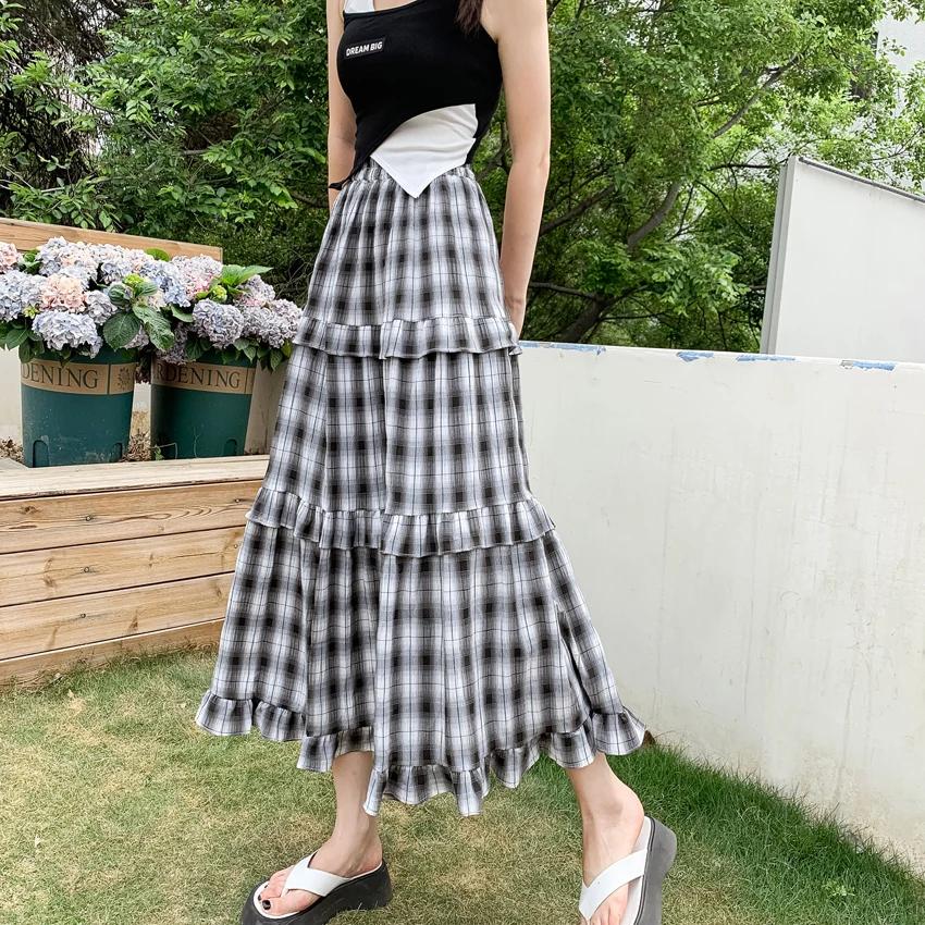 Girls Kawaii Gauze Splice Y2k Black Skirt Women Fashion Outerwear Pleated Skirt Female Ladies Casual Long Gothic Plaid Skirts