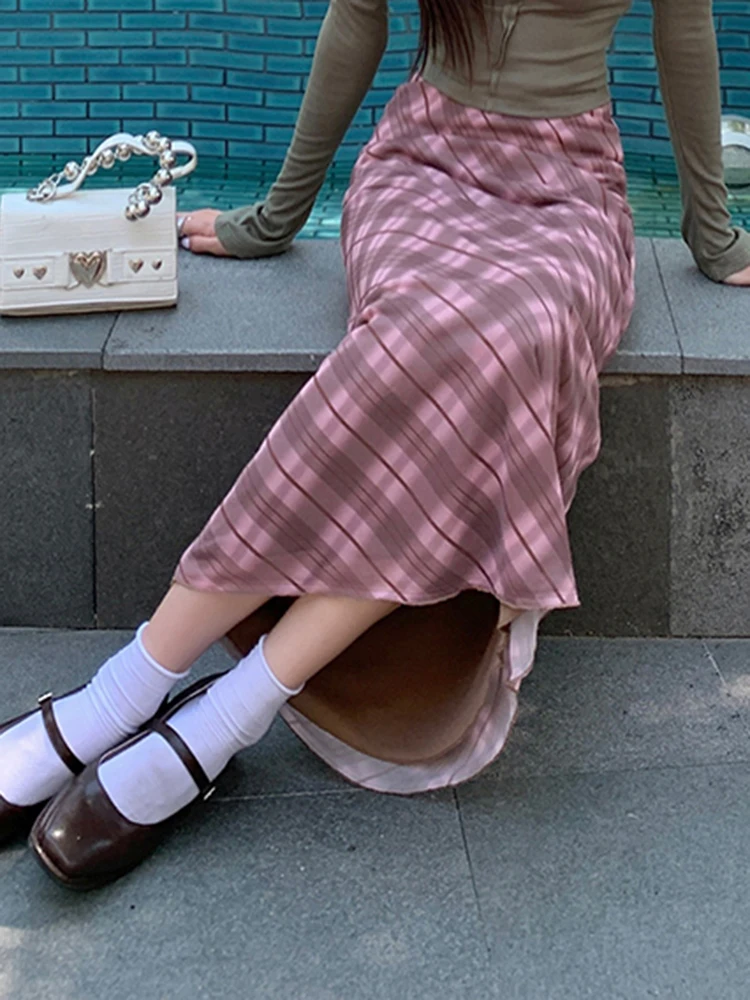 Autumn New Classic Plaid Vintage Street Sweet Female Skirts American Contrast Color Fashion High Waist Slim Midi Women Skirts