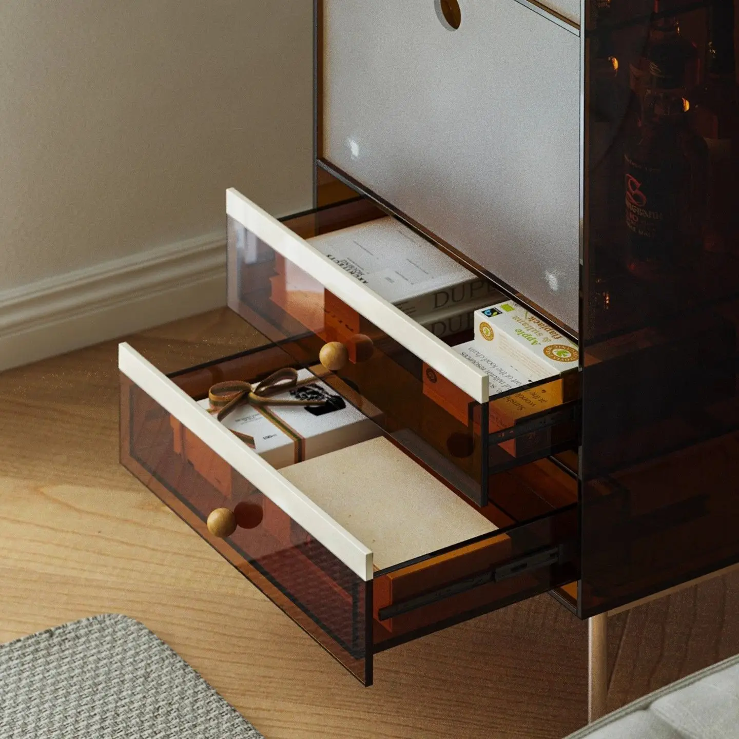 خزانة جانبية لأريكة تلفزيون غرفة المعيشة من الأكريليك، وخزانة تخزين عتيقة، ورف عرض شقة صغيرة على الحائط، وخزانة كتب #6