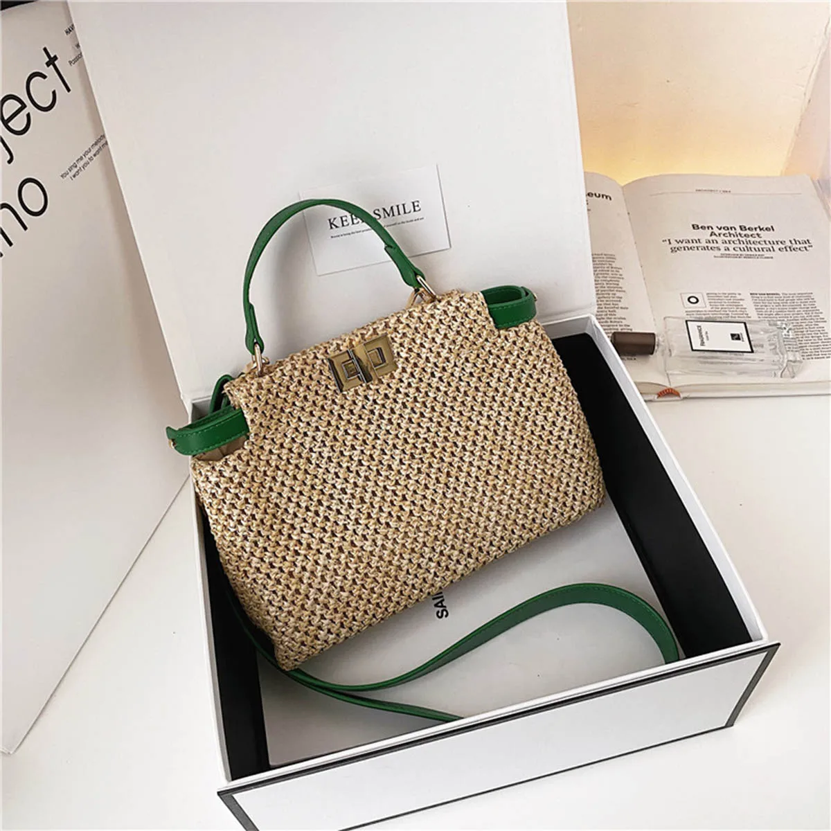 YoReAi Straw Beach Bag Fashion PU Handmade Woven Shoulder Bags Raffia Rattan Handbag Bohemian Summer Casual Small Square Pack