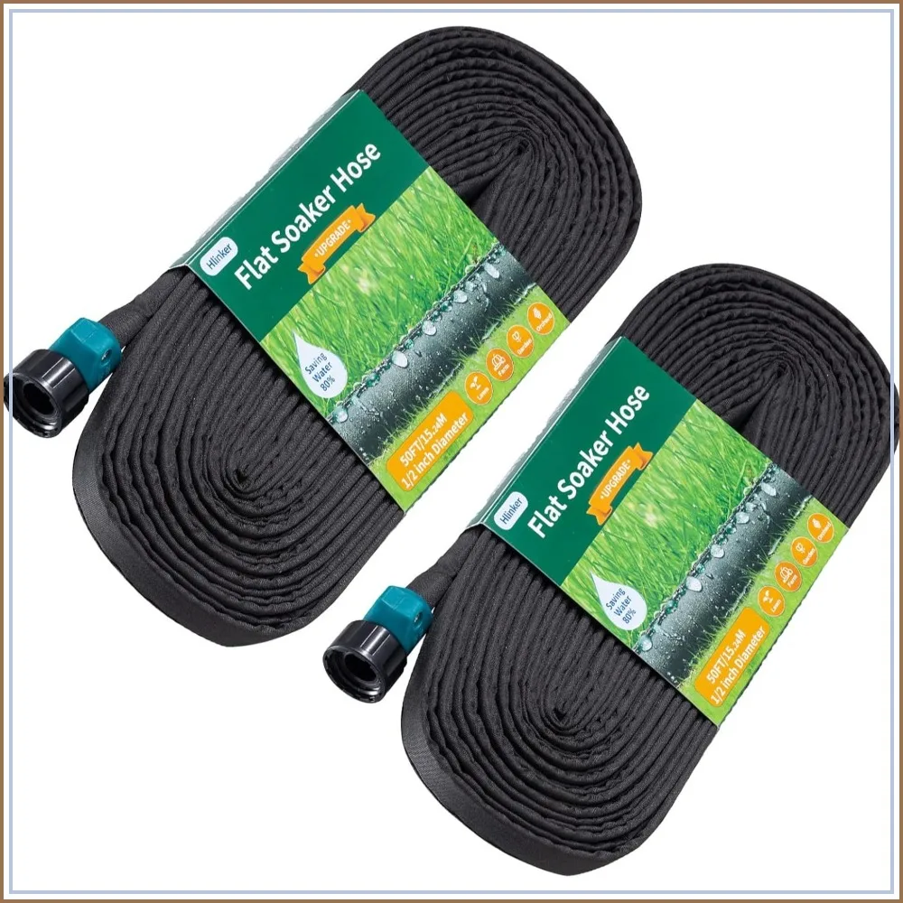 

Flat Soaker Hose 100ft for Garden Beds, 50ft x 2 Packs, 1/2" Linkable Drip Irrigation, Save 80% Water, Leakproof Heavy Duty
