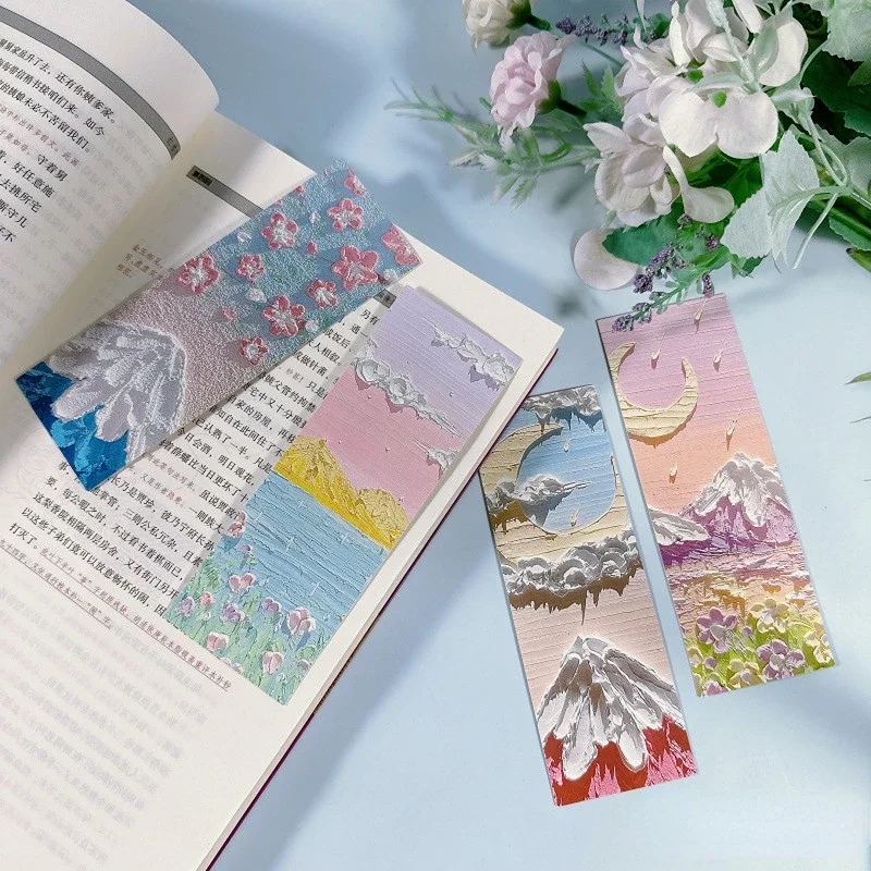 32PCS Beautiful Bookmarks Emboss Oil Painting Style Paper Bookmarks Fairy Tale Scenery Student Stationery