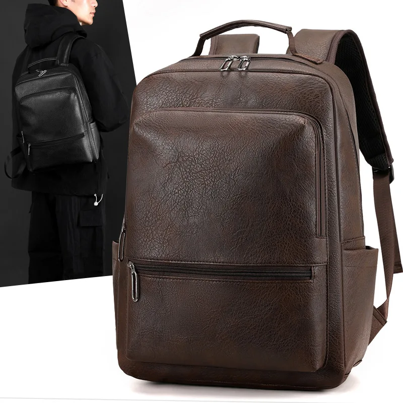 

New men's spot leather large capacity business commuting travel computer backpack casual simple