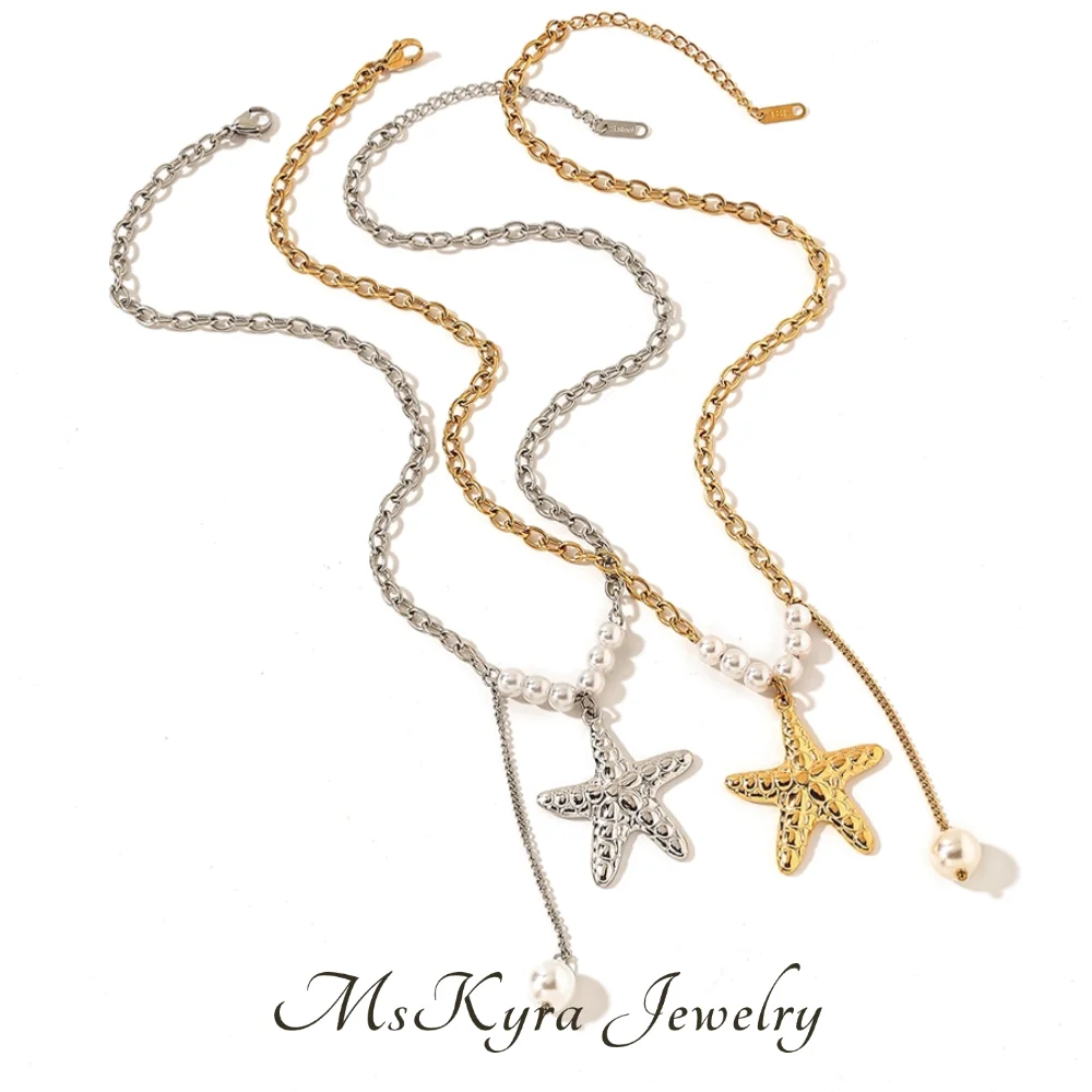 

MsKyra Stainless Steel Neck Plated 18k Gold Color Jewelry Ocean Sea Star Pearl Vintage French Waterproof Necklace for Women Gift