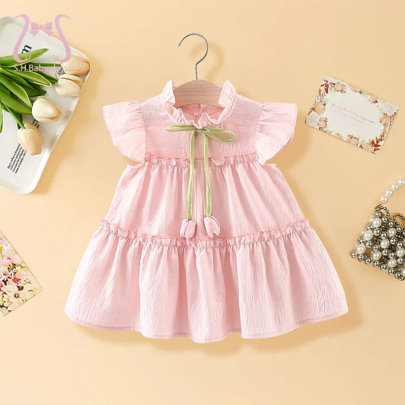 0-4 Y Baby Girls Solid Color Flying Sleeves Tulip Dress Fashion Summer Thin Soft Children Clothing Toddlers\' Skin-friendly Wear