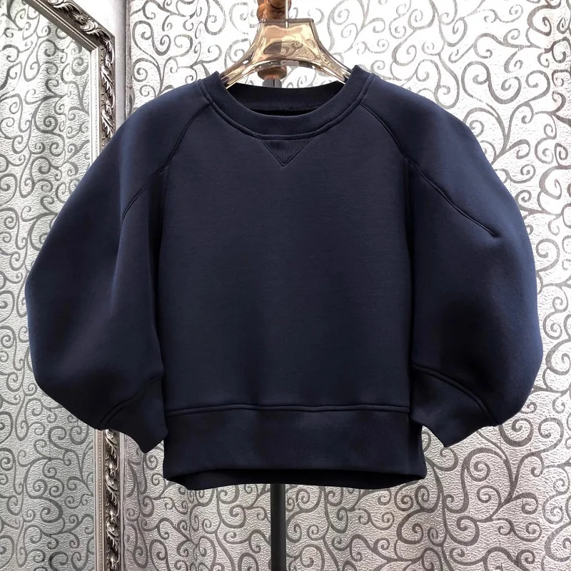 

Tops Fashion New Sweatshirts 2025 Spring Casual Sexy Crop Tops Ladies O-Neck 3/4 Sleeve Coffee Dark Blue Cotton Jumper Pullovers